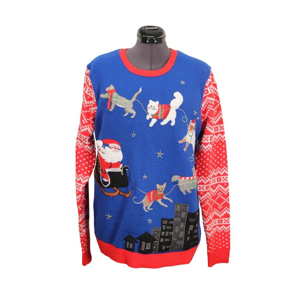 Jolly Sweaters Meowy Christmas Ugly Cat Holiday Sweater Size L Light Up‎ Adult